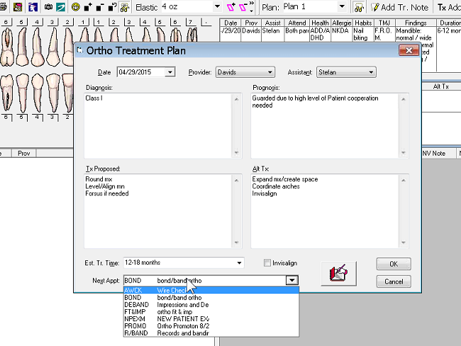 Set codes for Orthodontic appointment types